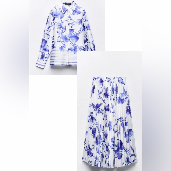 Zara Dresses & Skirts - Zara Satin Effect WhiteBlue Pleated Skirt + Top